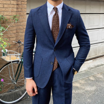  Mr Lu San Herringbone slim-fit wool suit Retro gentleman banquet small suit Casual formal business trendy man