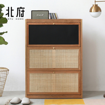 North House Nordic Japanese-style small apartment Solid wood ultra-thin flip door shoe cabinet Cherry wood Black Walnut household door rattan