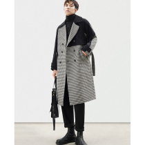 Woolen coat men's houndbird lattice zero cashmere stitching long corduroy coat thick trench coat in autumn and winter