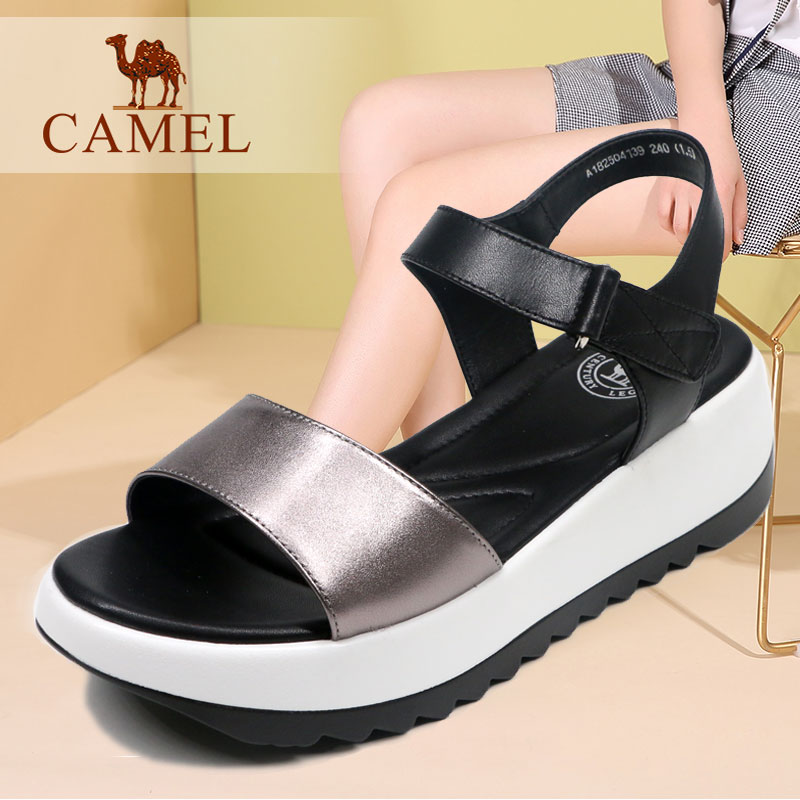Camel/Camel Women's Shoes Summer 2018 New Cowhide Thick-soled Magic Paste Muffin Cake Fashion Women's Sandals