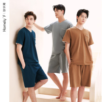 Lycra cotton] pajamas mens summer cotton short sleeves shorts homewear mens summer thin cotton mens set