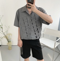 Atea With Agu Grey Weave Short Sleeve Shirt Male Summer Ins Tide Cards Senior Sense Casual Loose Lining Clothes
