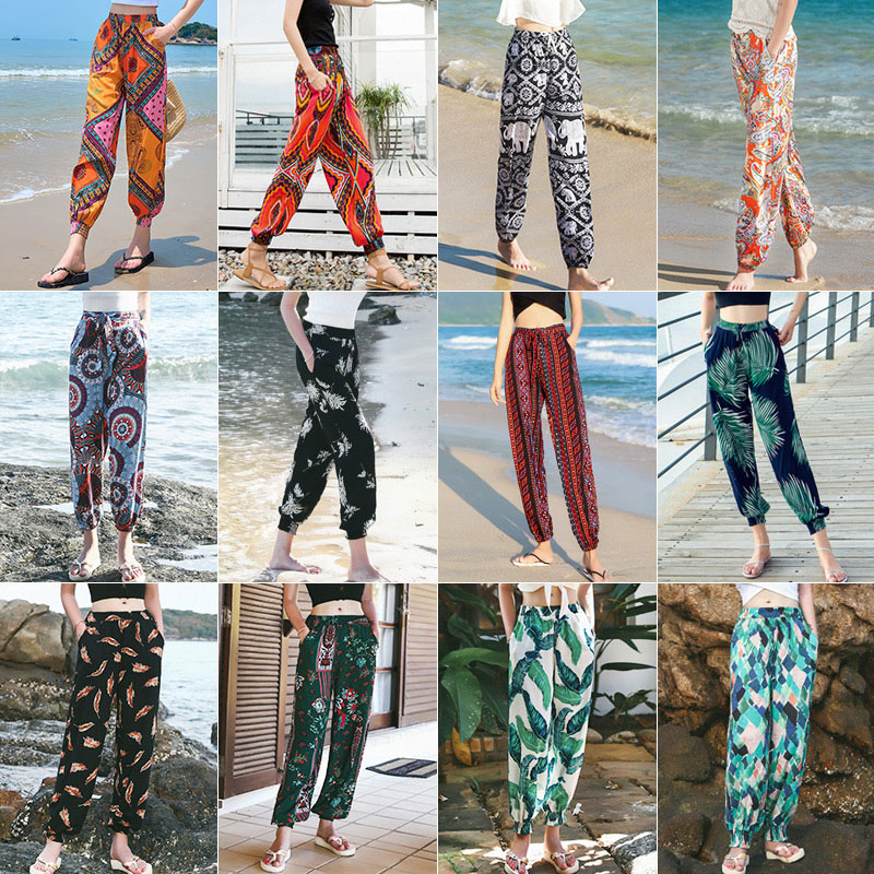 Mosquito proof pants, summer adult floral pants, cool and sun proof, leg tied lantern pants, thin ice silk cotton silk, Thai beach pants