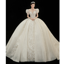 V-neck starry sky light main wedding dress 2021 new temperament bride French court style bubble sleeve luxury tail summer