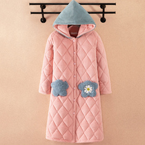 Dressing gown womens winter coral velvet cotton pajamas three layers thickened plus fleece long sleeves sweet bathrobe flannel warm yukata