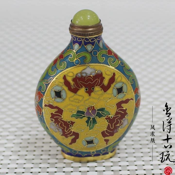 中国古美術・旧藏純銅製景泰藍四大美女の鼻煙壺・純手描き・七宝烧