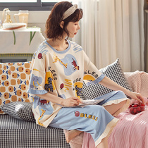 2022 Pajamas Womens Summer Cotton Short Sleeves Seven-Point Pants Size 200 Pounds Cute Fat Mm New Home Wear Suit