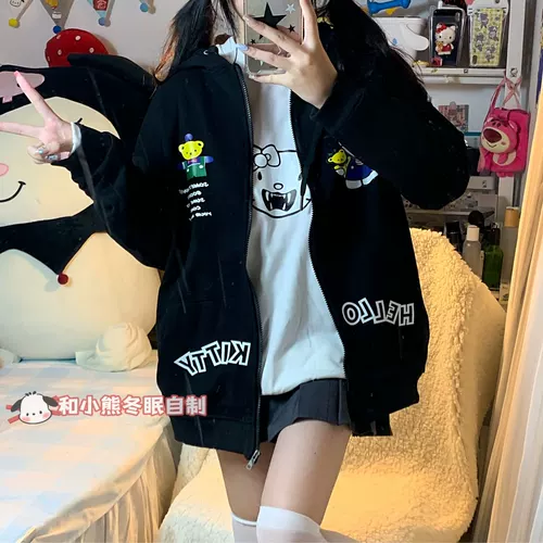 Зимняя демисезонная спортивная милая толстовка с капюшоном с молнией, с медвежатами, оверсайз, на шнурках