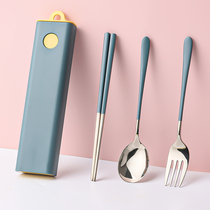 Ink color stainless steel chopsticks spoon set portable tableware students three sets of chopsticks box cute fork storage box