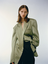 delivery Satin gloss mustard green gun split collar suit spring and summer drooping silhouette shoulder pad jacket for men and women