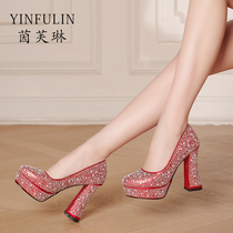 Hate the Sky High rhinestone high heels shallow round head waterproof table single shoes red thick bottom womens shoes wedding shoes bridal shoes bridal shoes