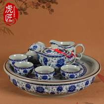 Tiger craftsman Jingdezhen ceramic tea set Household living room set of Kung Fu tea retro blue and white porcelain tea tray porcelain