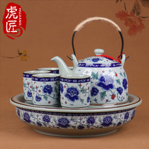 Tiger craftsman Jingdezhen ceramic tea set home living room set Chinese blue and white porcelain retro tea teapot large