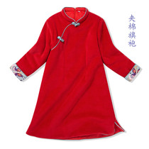 Great red girl smooth wool with long sleeves plus cotton-style qipao Chinese retro dress and dress child Tang dress