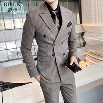 Double-breasted suit suit mens stripes casual English wedding groom dress wedding suit three-piece set