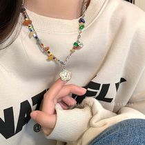 Child Fun Colorful Flowers Smiley Face Necklace Women Summer Net Red Sweet temperament Natural stone strings Beads Lock Bones Chain Neck Necklace