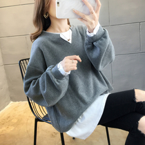 2021 Autumn New Korean version of large size fat mm sweater ladies loose thin fake two pieces pregnant women fashion belly