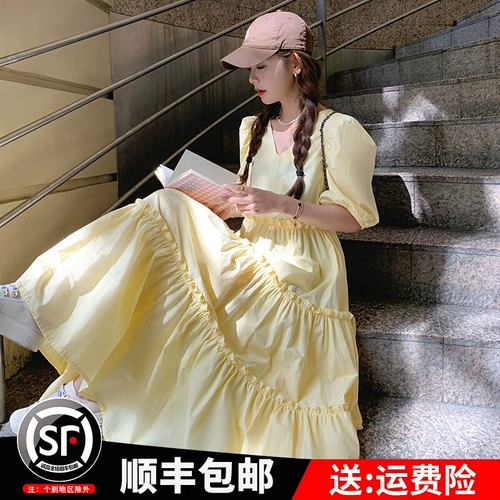 Желтое летнее корейское платье, ретро длинная юбка для отдыха, свободный крой