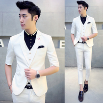 Wedding thin slim Korean version of the sleeve seven-point sleeve summer suit three-piece suit groom white wedding suit suit male