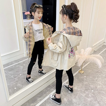 Girls cartoon windbreaker medium long spring and autumn 2021 new childrens foreign style coat large childrens autumn hooded top