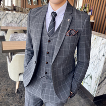 Spring handsome suit suit mens Korean plaid formal dress Groom best man wedding three-piece suit slim suit tide