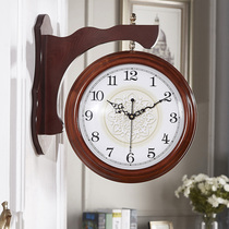 Double-sided wall clock two-sided clock home living room American solid wood restaurant hanging watch creative modern simple clock Wall