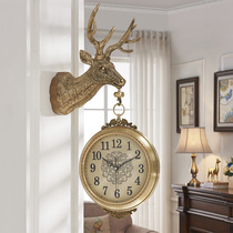 Home living room deer head double-sided wall clock American brass color silent clock European creative two-sided clock mute movement