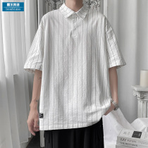 Simple vertical stripes short-sleeved POLO shirt mens summer ins couple T-shirt top Tide brand trend loose half-sleeve T-shirt