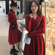 Pregnant women dress autumn and winter stretch knit base medium and long sweater loose red Fashion winter dress