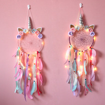 Colorful feather large unicorn dream catcher with lamp dream childrens room girl heart room decoration pendant to give away
