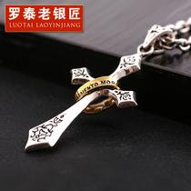 Luo Tai old silversmith s925 silver jewelry retro silver cross pendant necklace tide male personality pendant