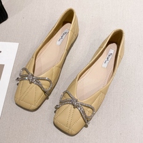  Fashion ins French rhinestone lace-up bow Single xie car line square head flat bottom xie All-match commuter xie