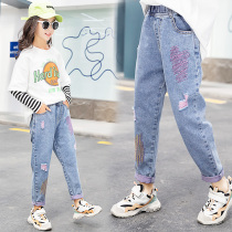 Girls Breaking Jeans 2021 Spring and Autumn New Pants Children Children Wear Loose Casual Foreign-style Pants