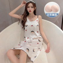 Harness Sleeping Dress Woman Summer Ice Silk Thin less feminine senses with chest cushion Summer Ice Sleeping Girl 2022 New