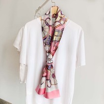 2021 new pink printed thin narrow long silk scarf female spring and autumn Korean version of Joker decorative scarf scarf