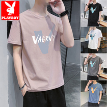 Playboy short-sleeved t-shirt mens fashion brand ins super fire summer Port wind T-shirt trend wild five-point sleeve top clothes