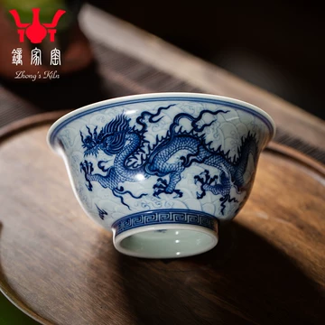 C6744 時代 【道八製】 染付青花 龍紋 茶杯 5客／箱付 2