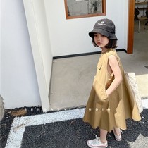 Childrens clothing 2021 summer casual fashion fried street Japanese Khaki sleeveless vest long skirt Girls large pocket dress