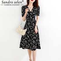 Sandro selen skirt small fresh waist A word medium long temperament V-neck small daisy floral dress female