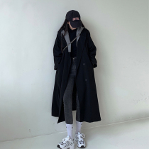Black windbreaker womens long 2021 autumn and winter new loose design sense contrast color pop coat jacket Japanese