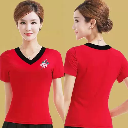 Весенний летний танцующий дышащий костюм, короткий рукав, V-образный вырез