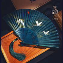 Song Huizong Ruihe figure ancient style 6 inch female fan folding fan Hanfu fan summer portable small crane Xiangyun Green