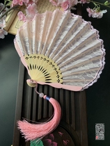  Japanese folding fan and fan Court bamboo handle fan Shell fan Large knife fan Gift fan Double-layer black lace fan Dance
