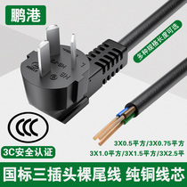 Power cord with plug with wire 3-core 10A national standard high power 1 5 2 5 square 3-core 3-hole single-head bare tail