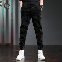 Black velvet jeans mens Tide brand loose tie pants autumn and winter big fat big leg casual Haren pants thick