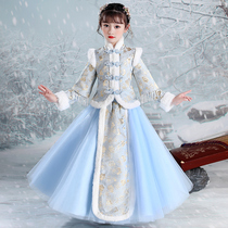 Hanfu girls winter dress Chinese New Year dress Chinese style childrens clothing childrens Tang suit autumn and winter plus velvet thickened New Years dress winter