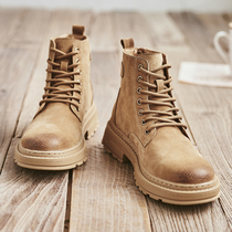 Martin boots mens high-help British style autumn plus velvet cotton shoes leather mid-help workers Korean version of mens brown boots