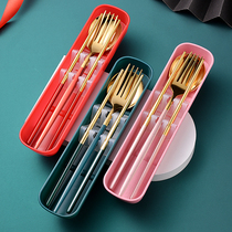 Stainless steel portable tableware set chopsticks spoon Fork three-piece set adult students one-person food single storage box