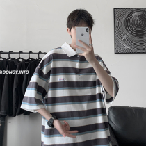 Retro striped short-sleeved t-shirt mens fashion brand summer Port wind loose net red ins super fire trend clothes half-sleeve POLO shirt
