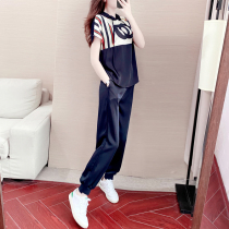 European Standing Ice Silk Casual Sports Suit Women Summer Big 2022 New Fashion Ocean Gas Lianhood Two Sets Tide
